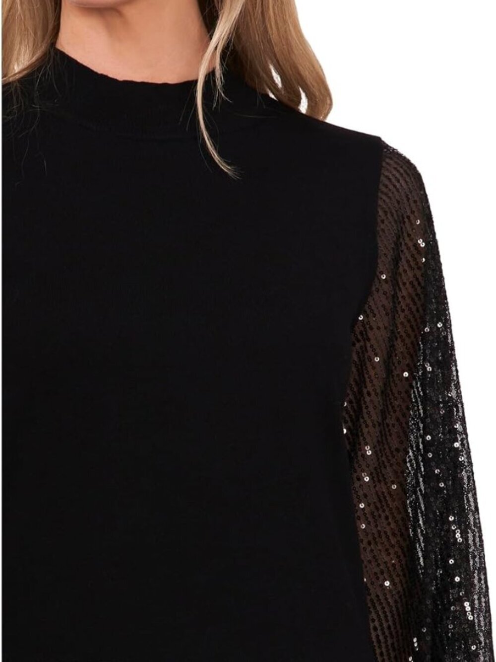 CeCe Sheer-Sequin-Sleeve Mock-Neck Cotton Sweater Rich Black - Size XS (NWOT) - Picture 2 of 10